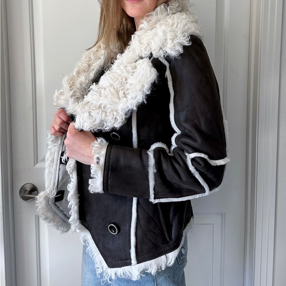 Amazing Dark Brown Fur Leather Short Coat Jacket Winter Spring Fall Vintage - Picture 2 of 7